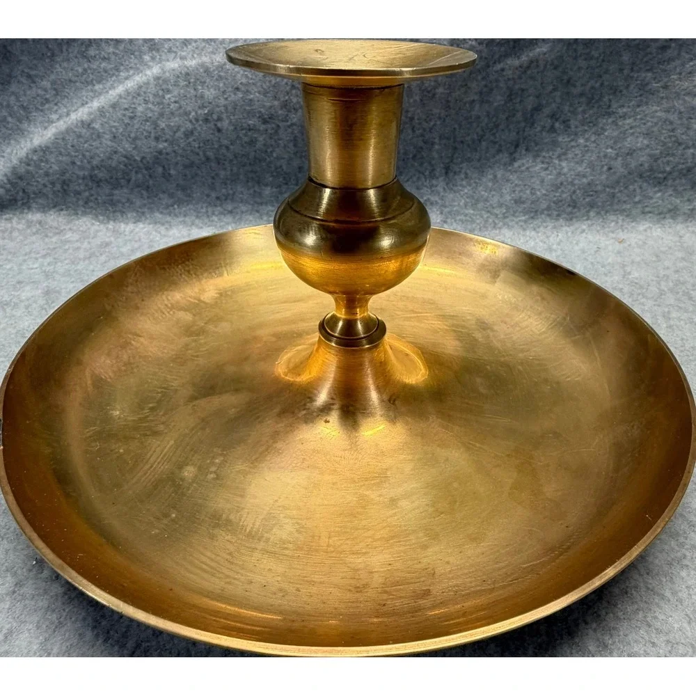 Vintage Solid Brass Chamberstick Taper Candle Holder Wide Saucer Base 8 Inch